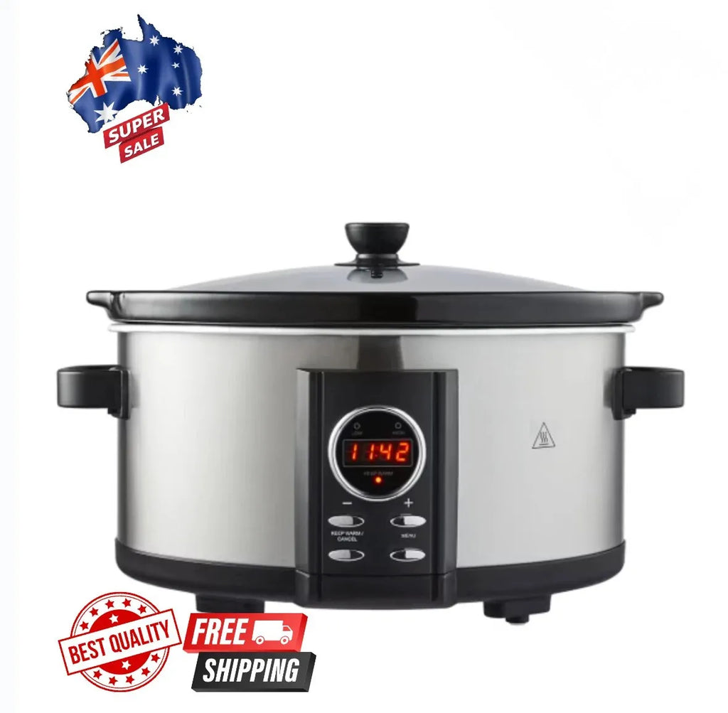 Slow Cooker 6.5L Removable Ceramic Crock Insert Pot & Glass Lid LED Keep Warm