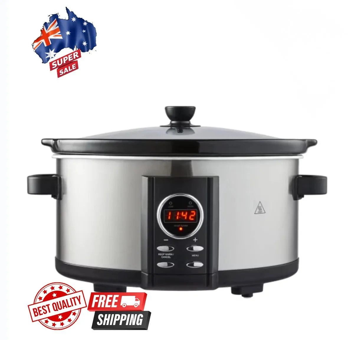 Slow Cooker 6.5L Removable Ceramic Crock Insert Pot & Glass Lid LED Keep Warm