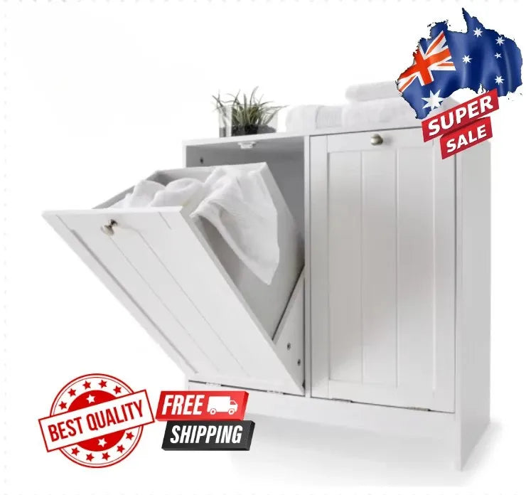 Tilt-Out White Laundry Hamper Cabinet Storage Shelf Washing Clothes Free Postage