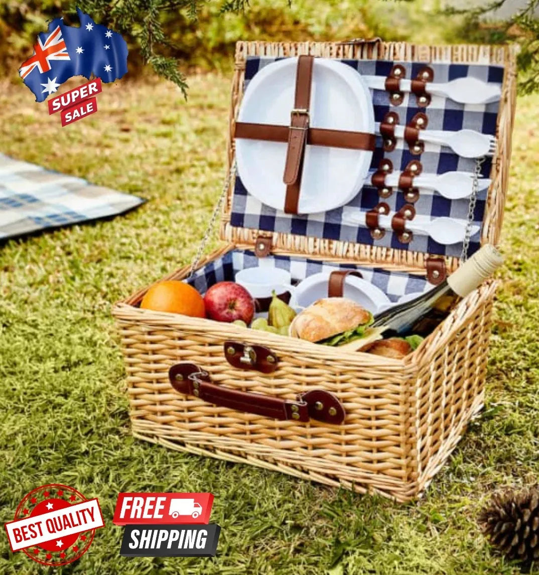 4 Person Picnic Basket Set 25 Pcs Rattan Wicker Basket Outdoor Cutlery Set