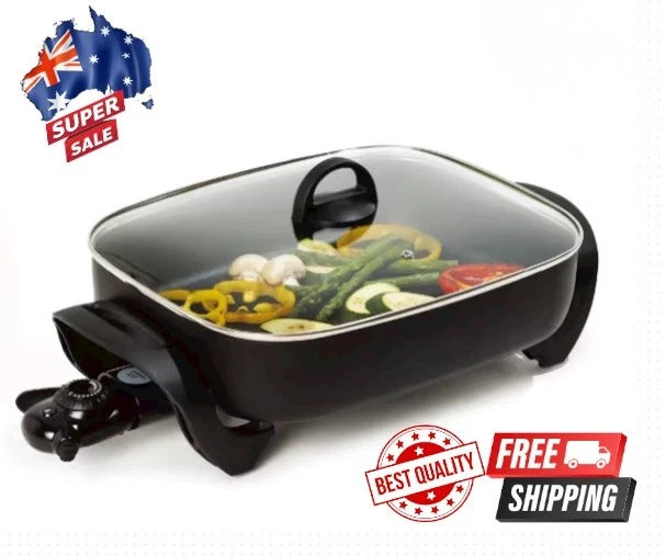 Electric Frypan Large Non Stick Frying Pan Cooker Glass Lid Non-slip Rubber Fry