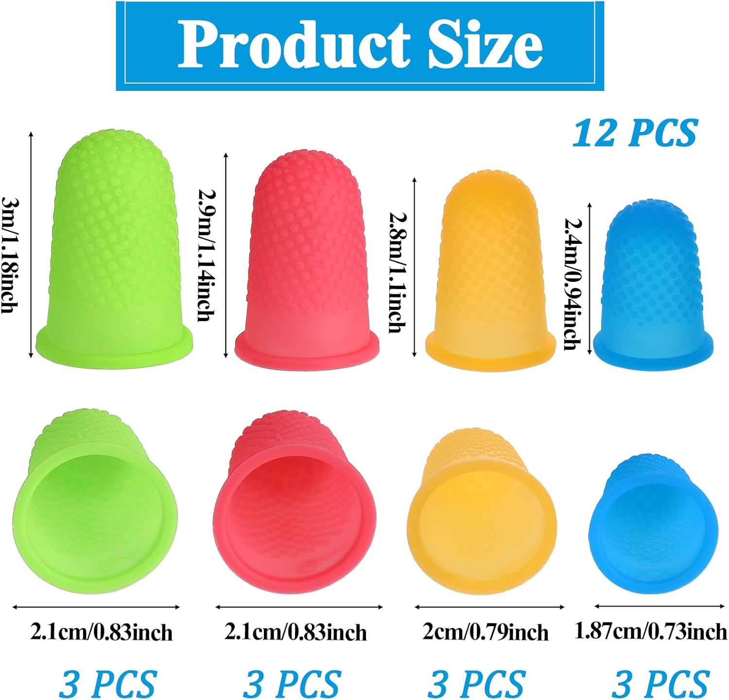 12pcs Rubber Finger Thimbles 4 Sizes Colors Silicone Hot Glue Finger Caps Reusable Thumb Guard Protectors Covers Finger Tip Pads Grips for Paperwork Cutting Money Counting Collating Crafts