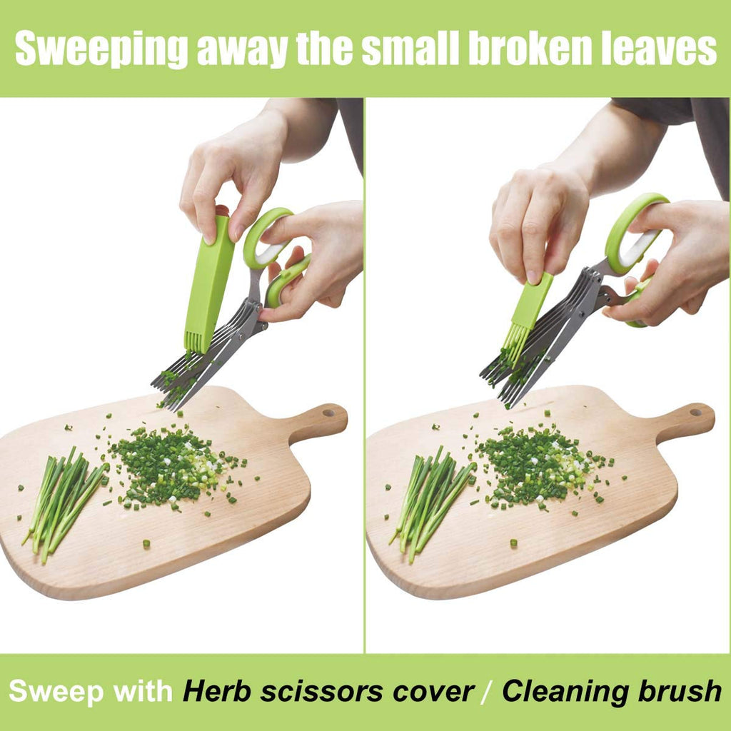 Herb Scissors Stainless Steel - Kitchen Scissors with 5 Blades - Vegetable Scissors - Chive Scissors - Herb Cutter - Kitchen Gadget - With Cleaning Comb and Protective Cover - Shredder - Kitchen Utensils - Parsley Cutter - Dishwasher Safe - Green - 1 Piec