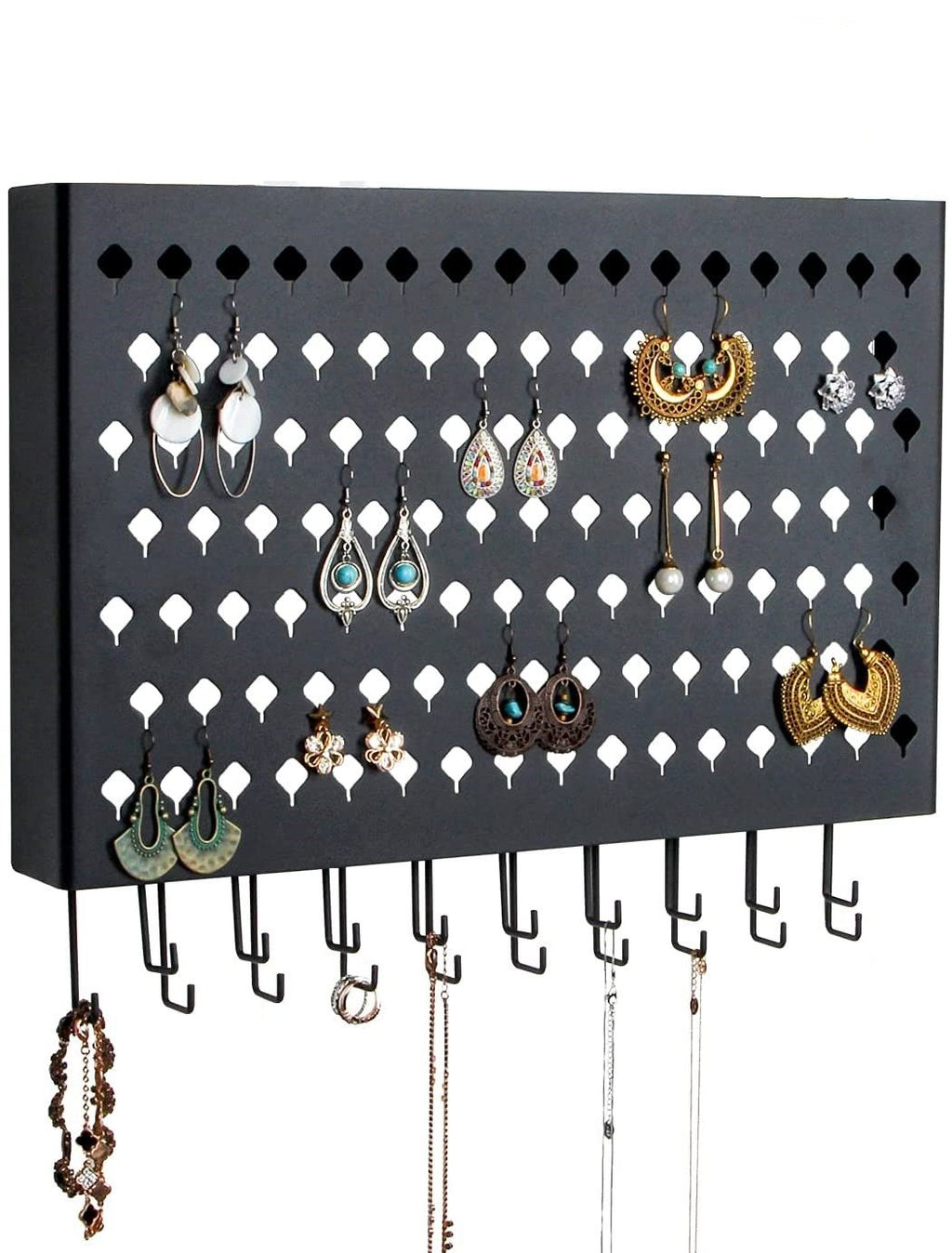 Wall Mount Earring Jewelry Hanger Organizer Holder with 109 Holes and 19 Hooks (Black)