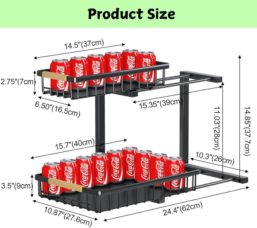 Set 2 pcs - 2-Tier Kitchen Under Sink Organiser Storage with Height Adjustable, Unique Slide Rail & Suction Cups for Storage