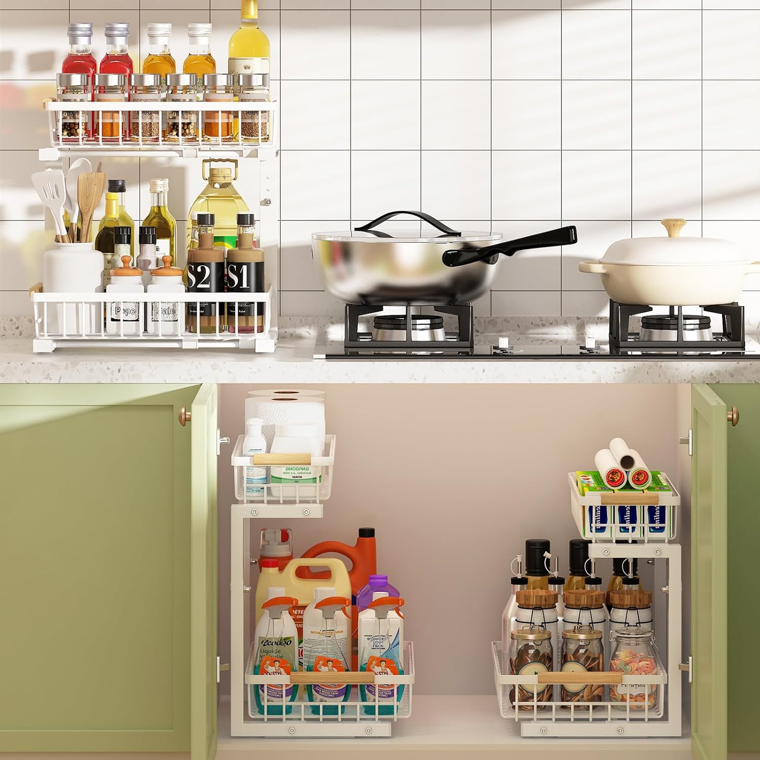 Set 2 pcs - 2-Tier Kitchen Under Sink Organiser Storage with Height Adjustable, Unique Slide Rail & Suction Cups for Storage