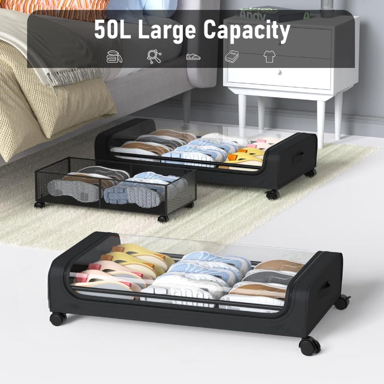 Set 2 Pcs XXL Under Bed Rolling Storage Containers with 50L Large Capacity and Wheels