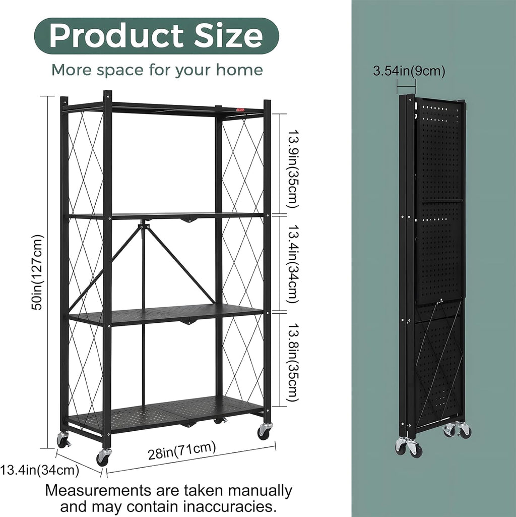 CARLA HOME 4-Tier Foldable Storage Shelf with Wheels for Kitchen, Garage, Pantry or Basement (Black)