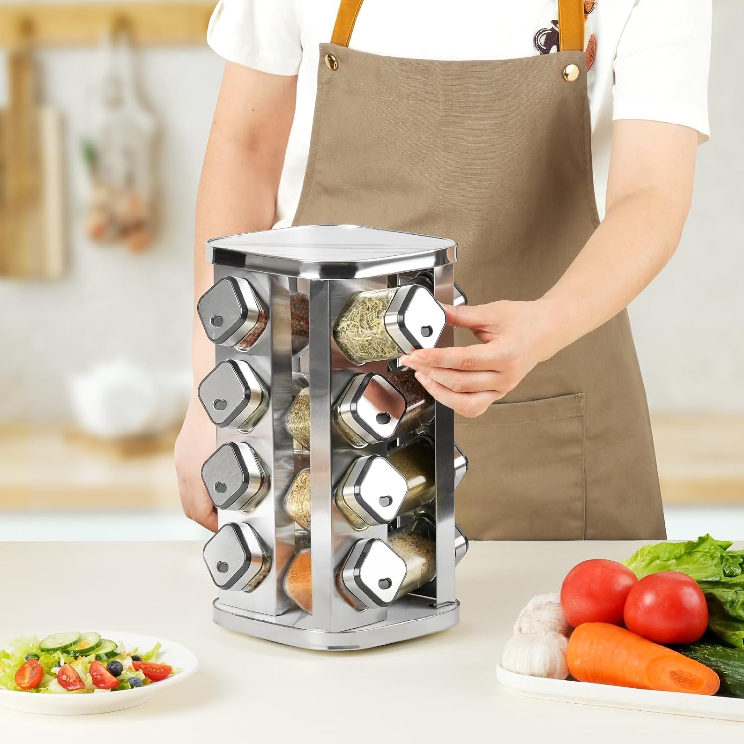 CARLA HOME Rotating Spice Rack Organizer with 20 Glass Jars for Kitchen Countertop