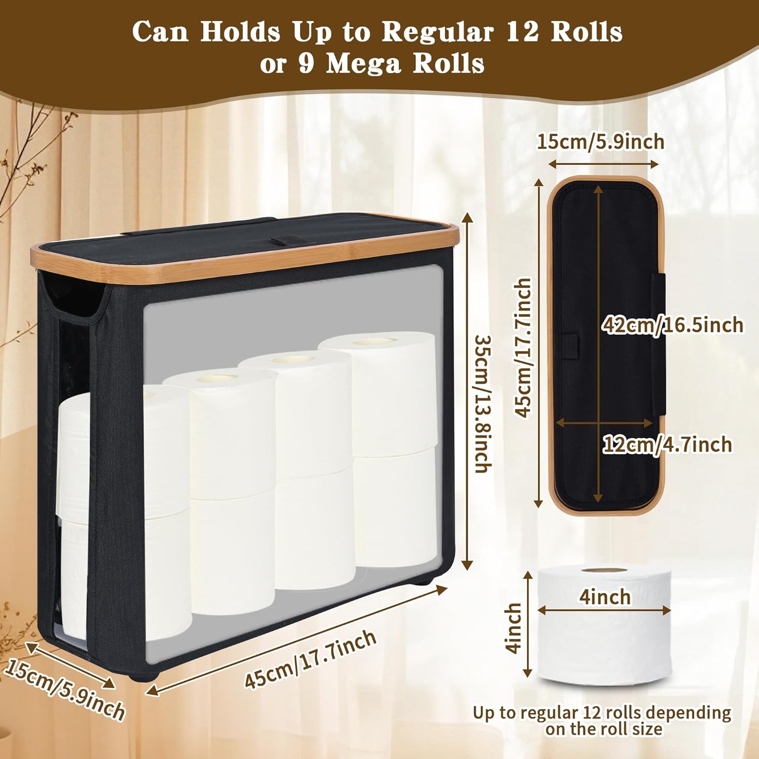 CARLA HOME Toilet Paper Storage Basket Holds Up to 12 Rolls with Bamboo Lid and Handle for RV Closet (Black)