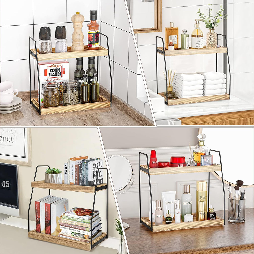 CARLA HOME 2-Tier Wooden Coffee Station Rack Organizer for Coffee Bar, Condiments, Syrups, Storage Jars & Spice Storage Shelf