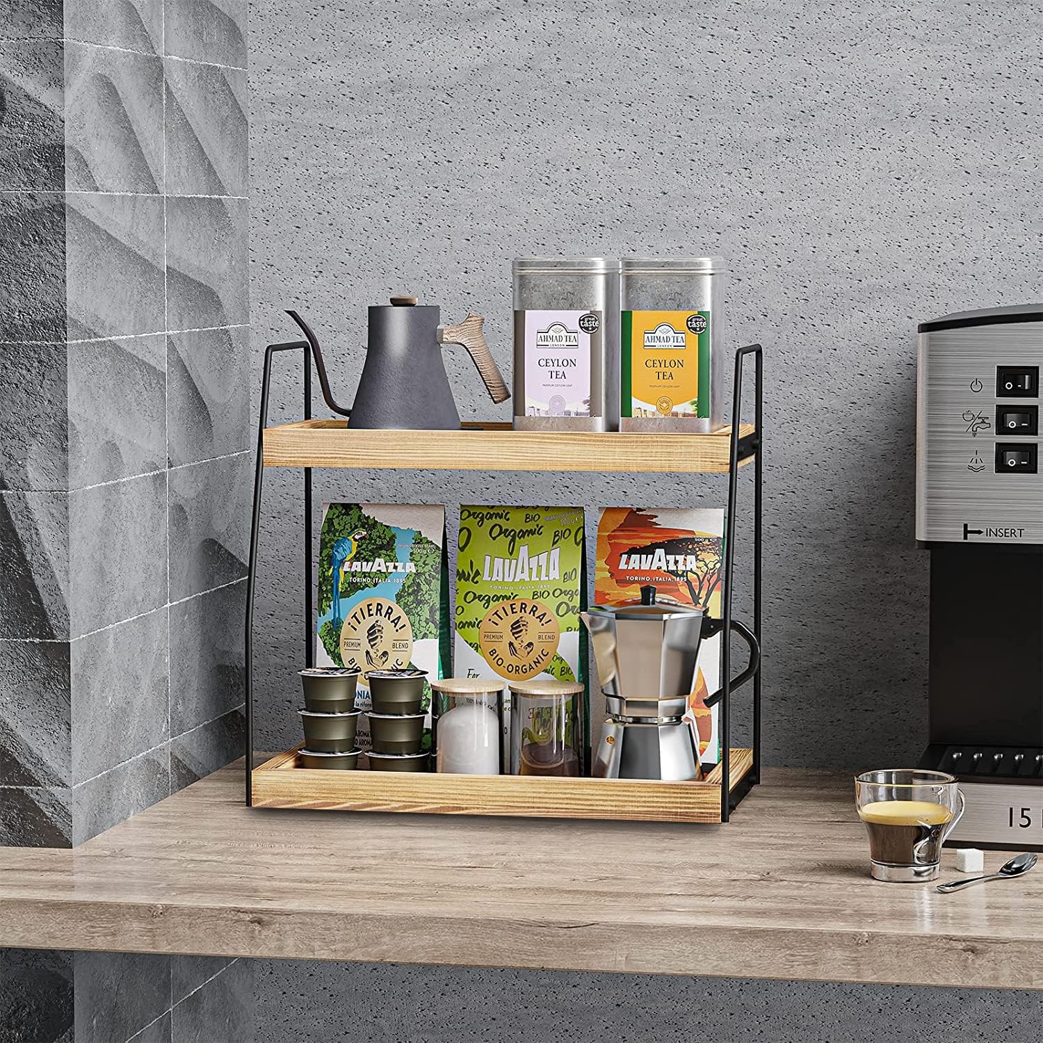 CARLA HOME 2-Tier Wooden Coffee Station Rack Organizer for Coffee Bar, Condiments, Syrups, Storage Jars & Spice Storage Shelf