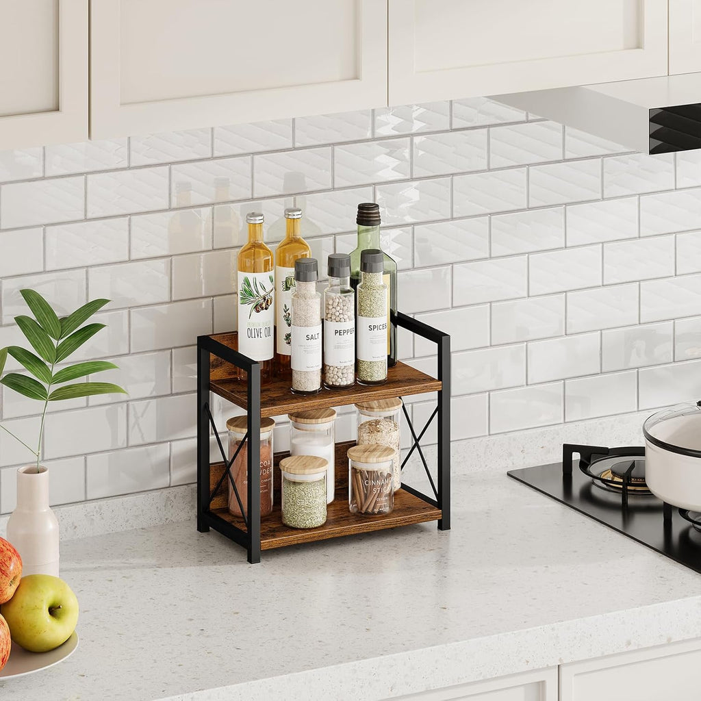 CARLA HOME 2-Tier Countertop Shelf Organizer Rustic Wood Kitchen Spice Rack for Storage, Condiments & Cabinet Organization