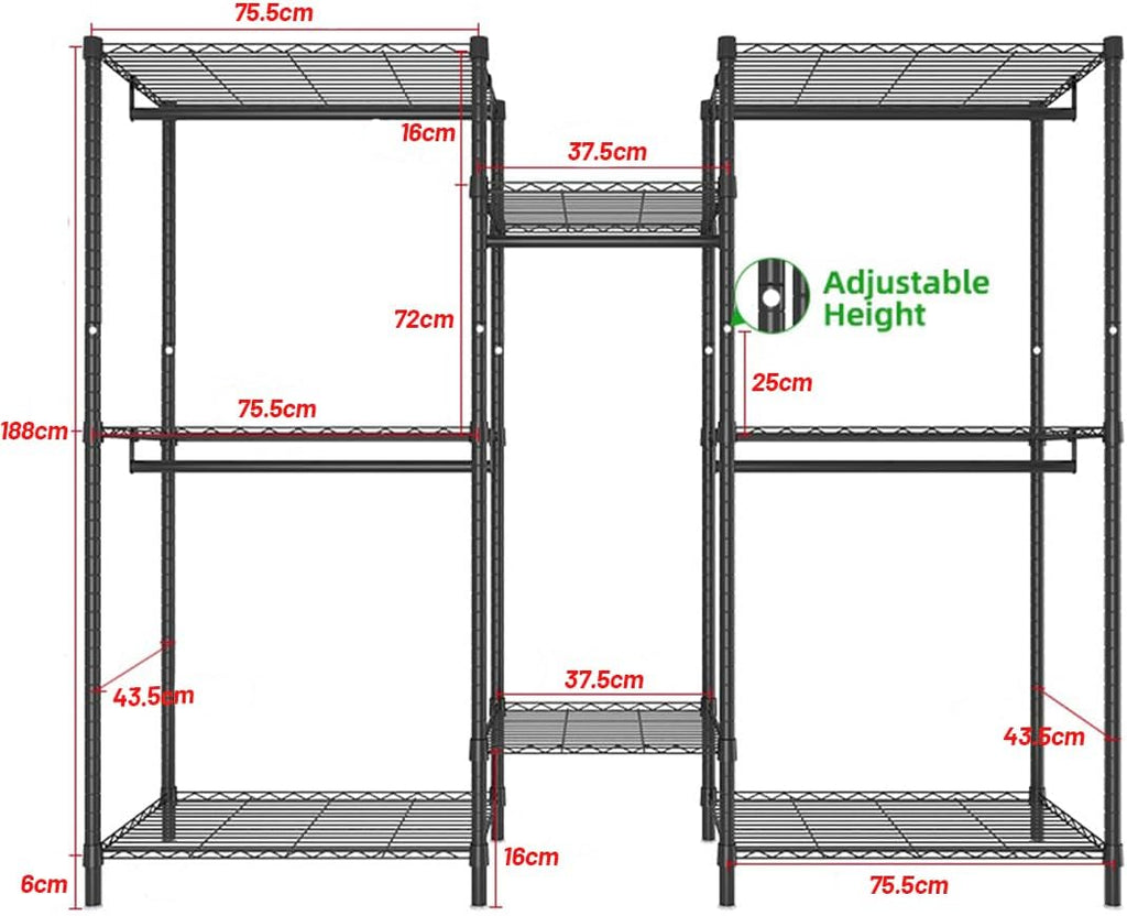 CARLA HOME Heavy Duty Clothing Garment Rack Organizer with Hanging Rods & Storage Shelves for Clothes, Shoes & Wardrobe