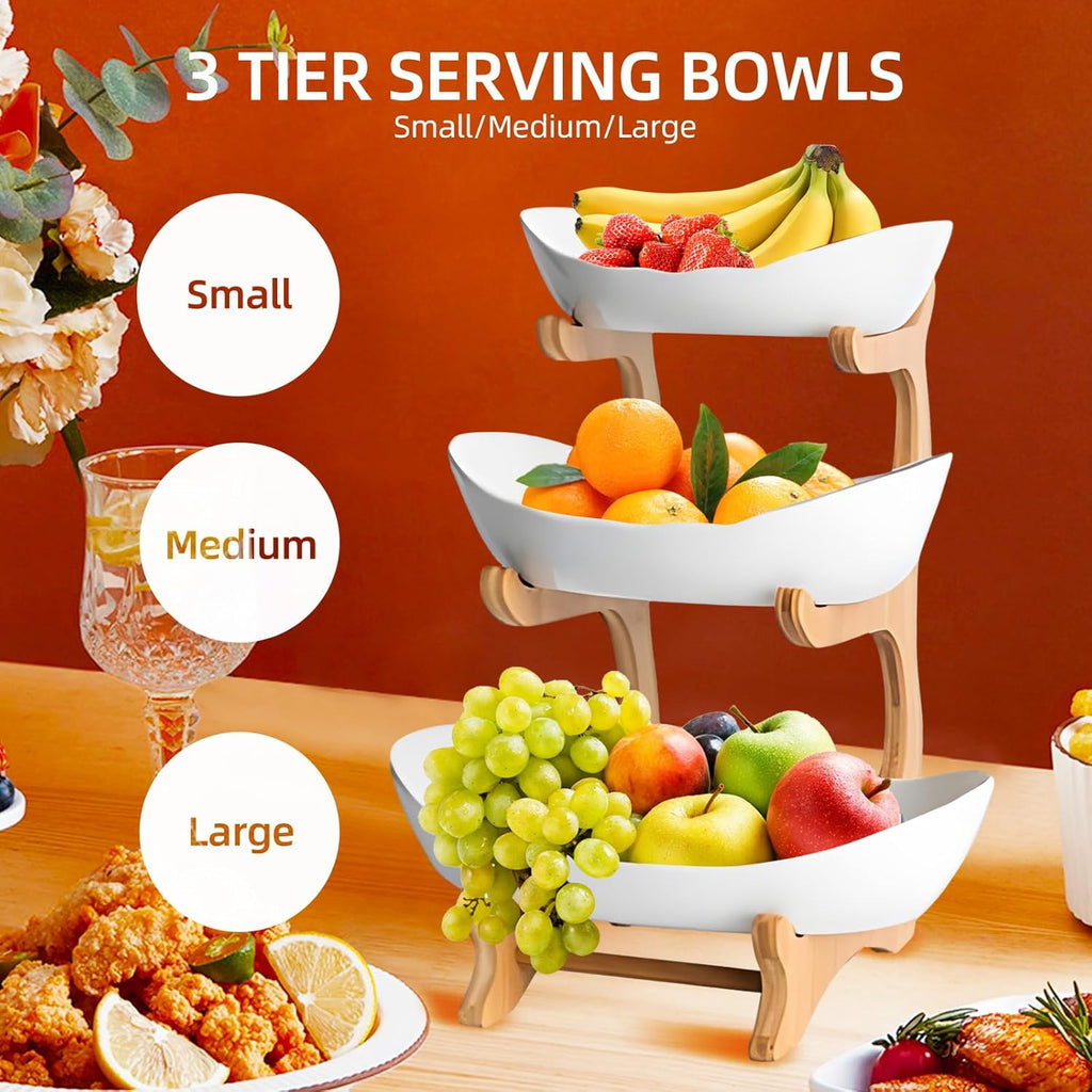 CARLA HOME 3-Tier Ceramic Fruit Bowl Basket with Bamboo Stand for Kitchen Counter, Snack Tray, Dessert Server & Vegetable Storage Rack