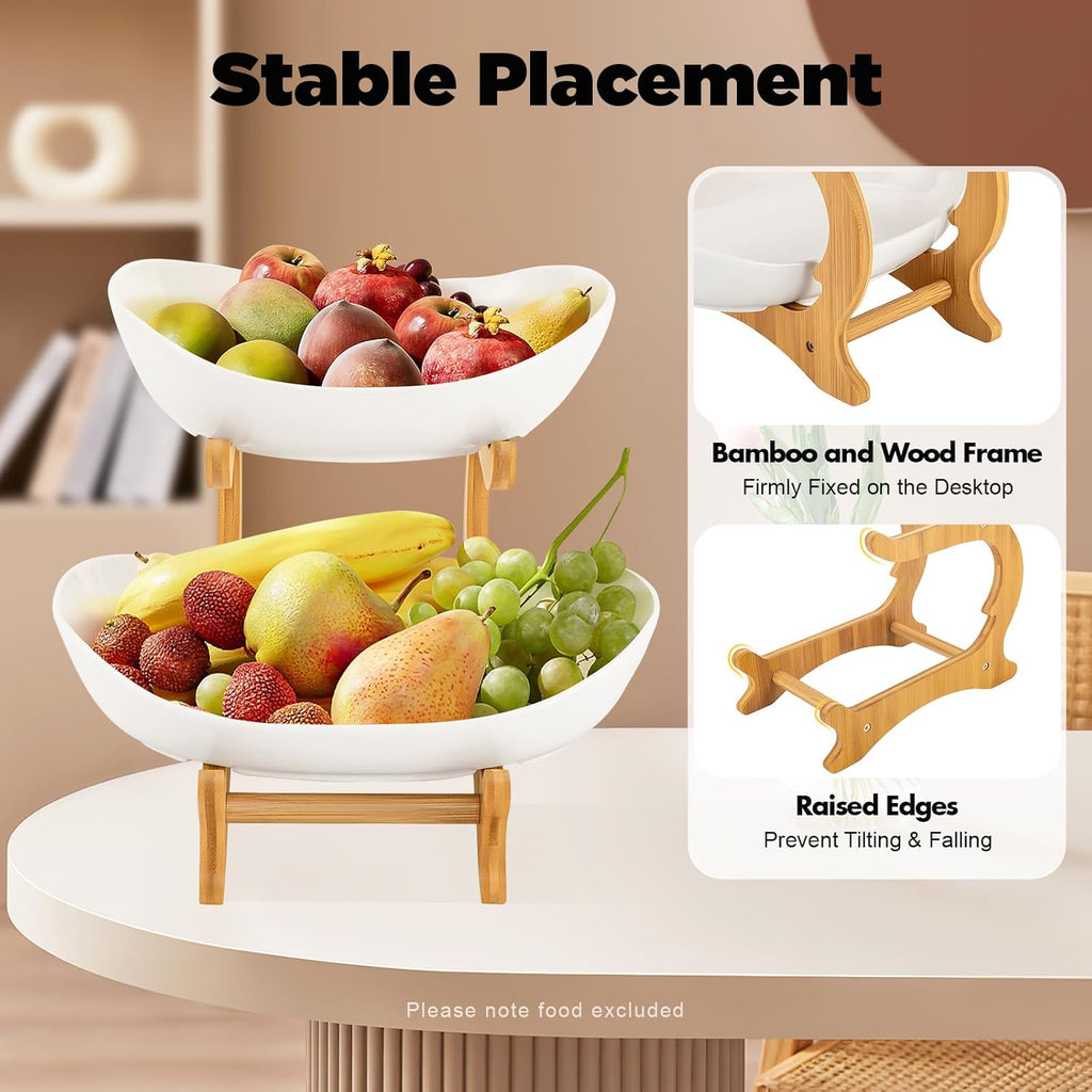 CARLA HOME 2-Tier Ceramic Fruit Bowl Basket with Bamboo Stand for Kitchen Counter, Snack Tray, Dessert Server & Vegetable Storage Rack