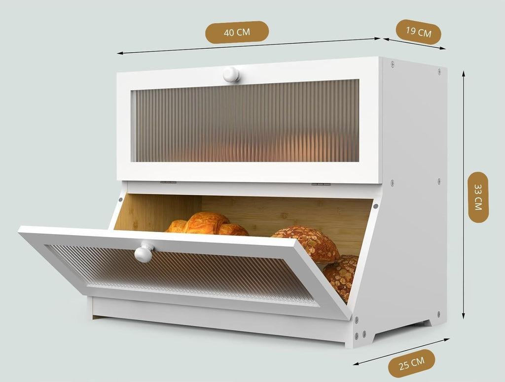CARLA HOME Double Layer Bamboo Bread Box for Kitchen Counter - Large Capacity Bread Storage Container with Clear Window, Easy Assembly, Farmhouse Style Bread Holder (White)