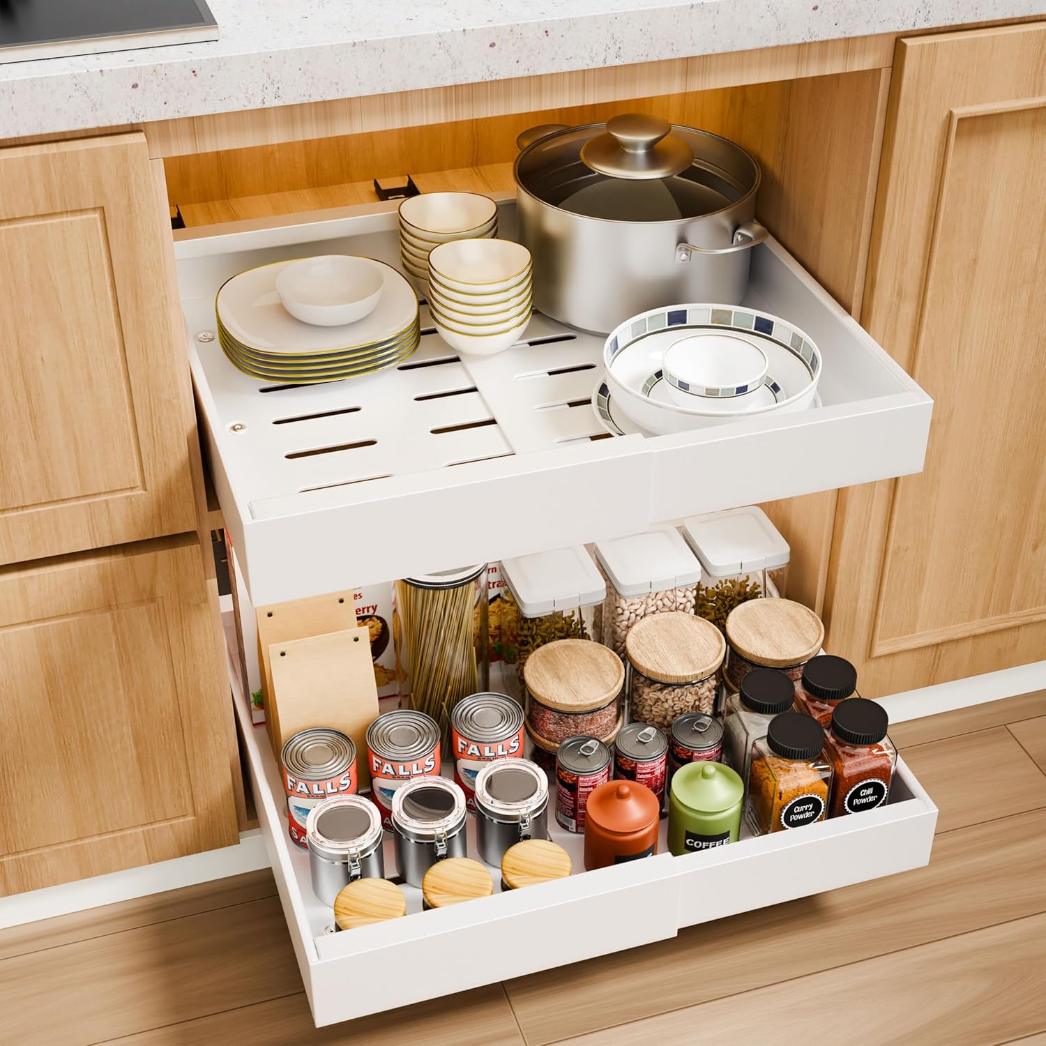 CARLA HOME 2 Pack Pull Out Cabinet Organizer Expandable for Cabinets with Adjustable Slide Out Shelves and Easy Installation (White)
