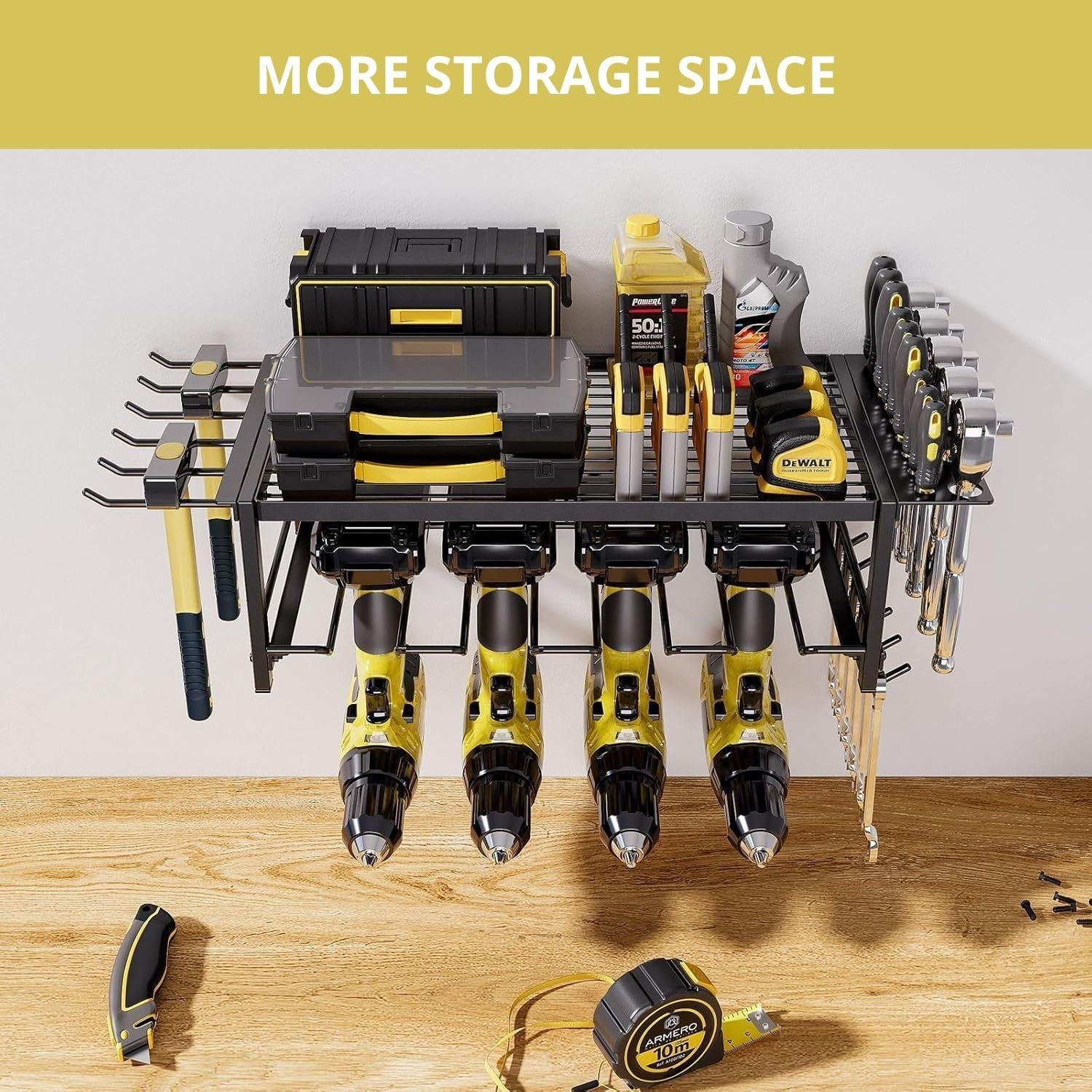 CARLA HOME 2-Tier Power Tool Rack Organizer Wall Mount with Drill Holder & Wrench Hooks for Cordless Tools & Workshop Organization