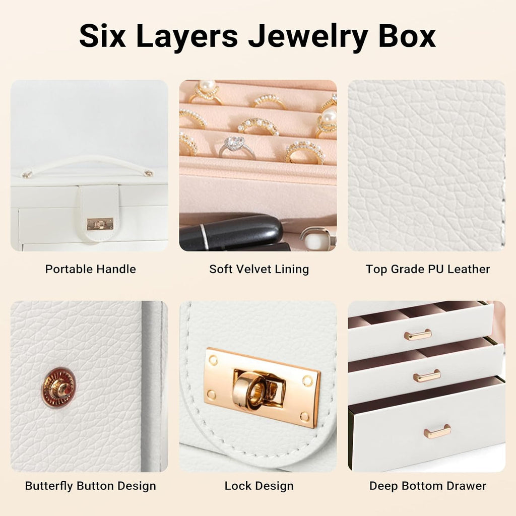 CARLA HOME 6-Layer Large Jewelry Box for Women withDrawers, Mirror, Lock, Necklace Hooks & Side Compartments for Rings, Earrings, Bracelets, Gifts (White)