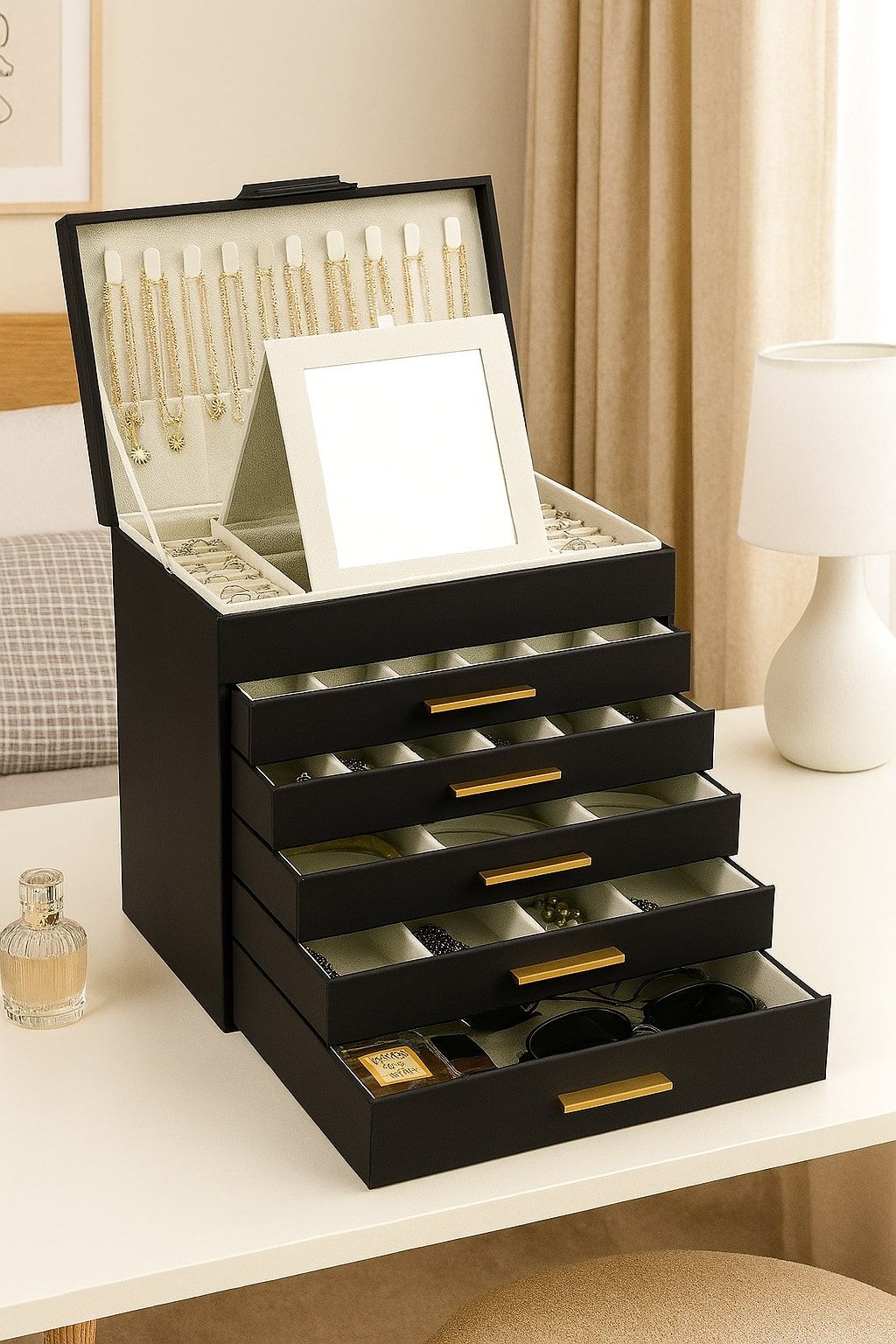 CARLA HOME  6-Layer Large Jewelry Organizer Box for Women with Mirror, Drawers, Hooks & Dividers for Rings, Necklaces, Bracelets, Ideal Gift for Women (Black)