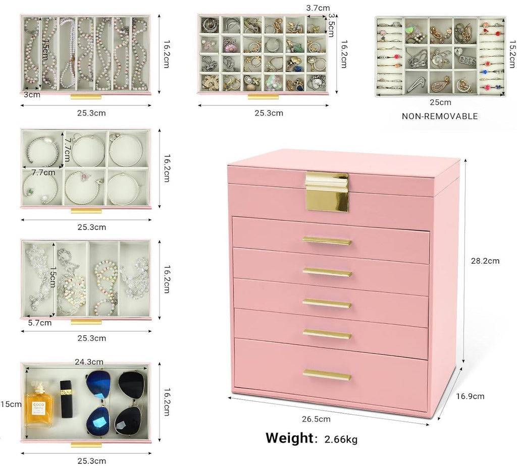 CARLA HOME  6-Layer Large Jewelry Organizer Box for Women with Mirror, Drawers, Hooks & Dividers for Rings, Necklaces, Bracelets, Ideal Gift for Women (Pink)