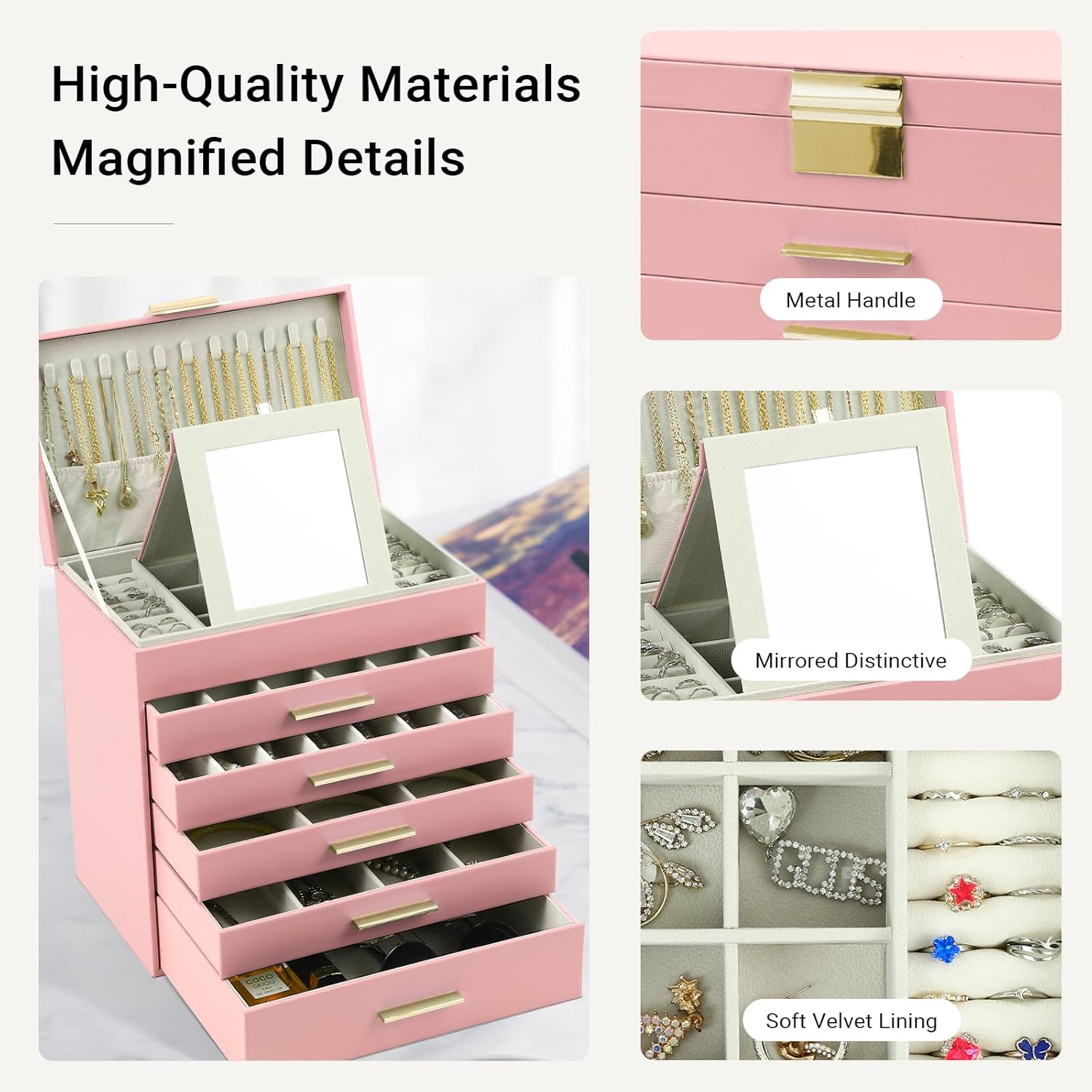 CARLA HOME  6-Layer Large Jewelry Organizer Box for Women with Mirror, Drawers, Hooks & Dividers for Rings, Necklaces, Bracelets, Ideal Gift for Women (Pink)