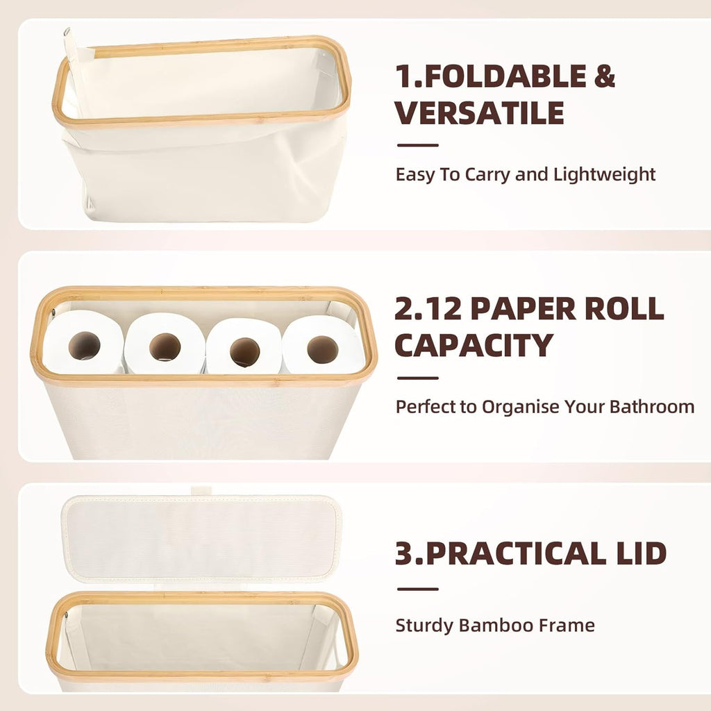 CARLA HOME 2 pack Toilet Paper Storage Basket Holds Up to 12 Rolls with Bamboo Lid and Handle for RV Closet (Black)