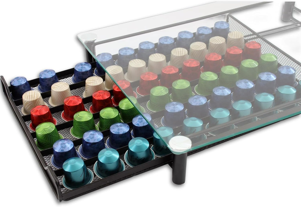CARLA HOME 60 Coffee Pod Holder Drawer with Tempered Glass Capsule Organizer for Nespresso Pods and Sliding Drawer for Kitchen Countertop
