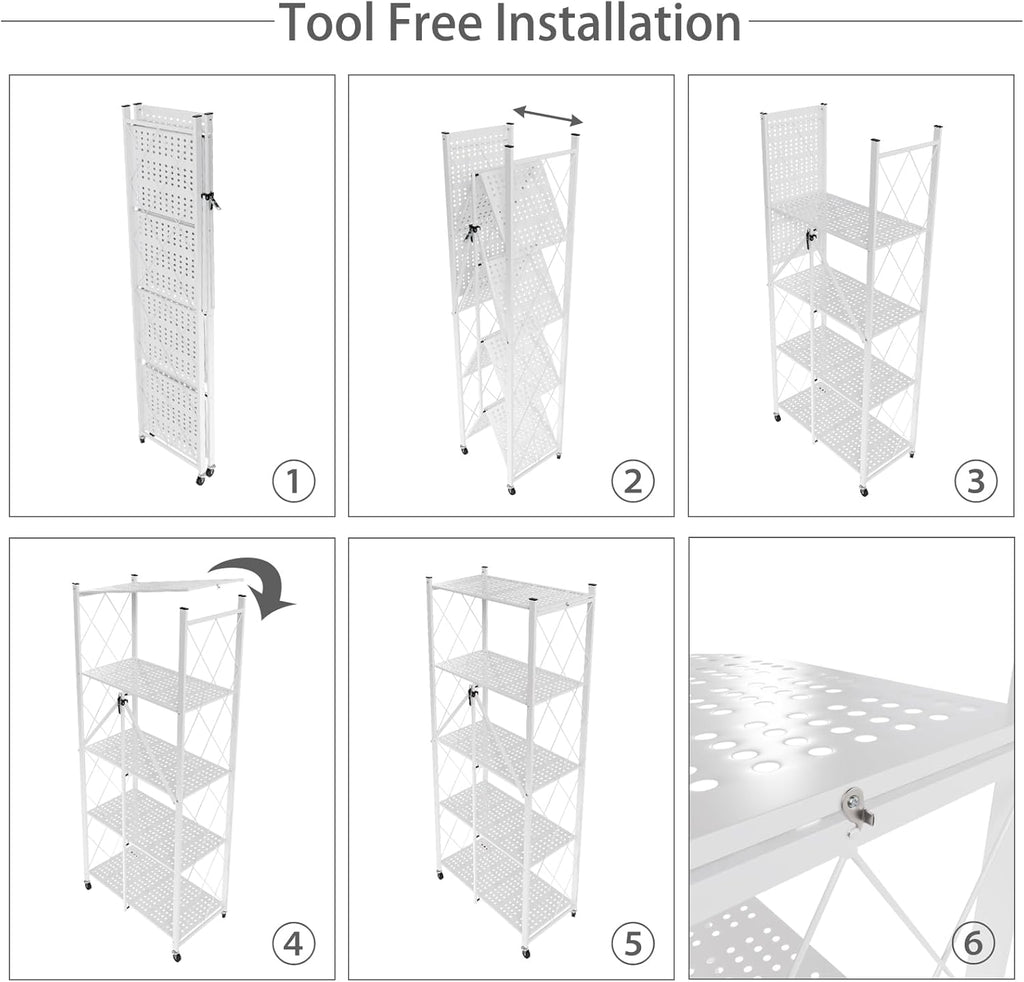 CARLA HOME 5-Tier Foldable Storage Shelf with Wheels for Kitchen, Garage, Pantry or Basement (White)