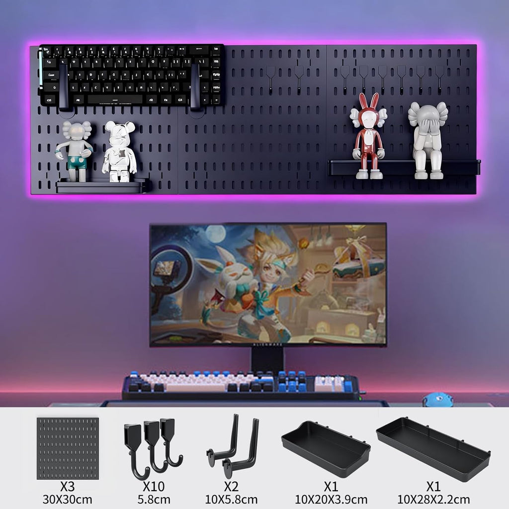 CARLA HOME Pegboard Wall Organizer Kit with 3 Modular Black Panels & 17 Accessories for Gaming, Office & Craft Storage