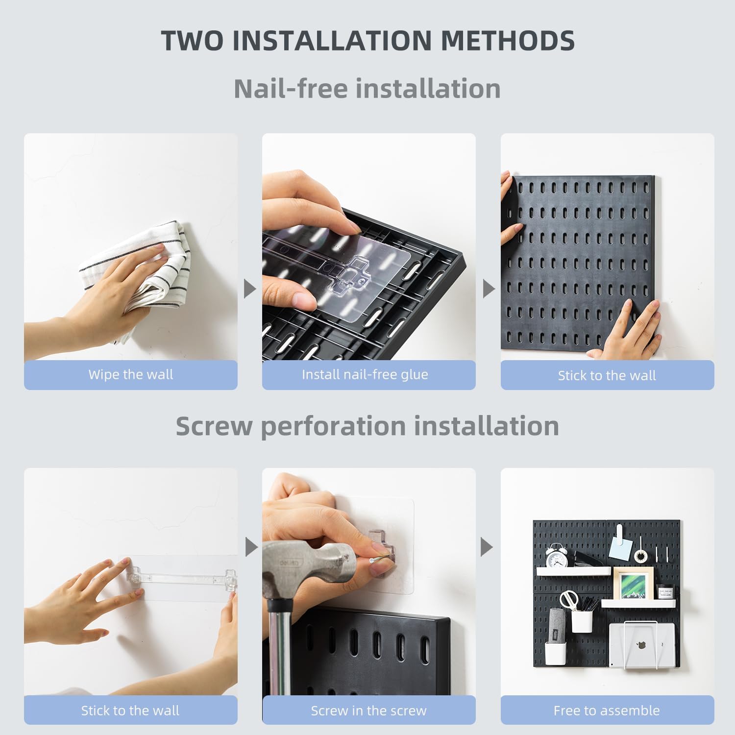 CARLA HOME Pegboard Wall Organizer Kit with 3 Modular Black Panels & 17 Accessories for Gaming, Office & Craft Storage