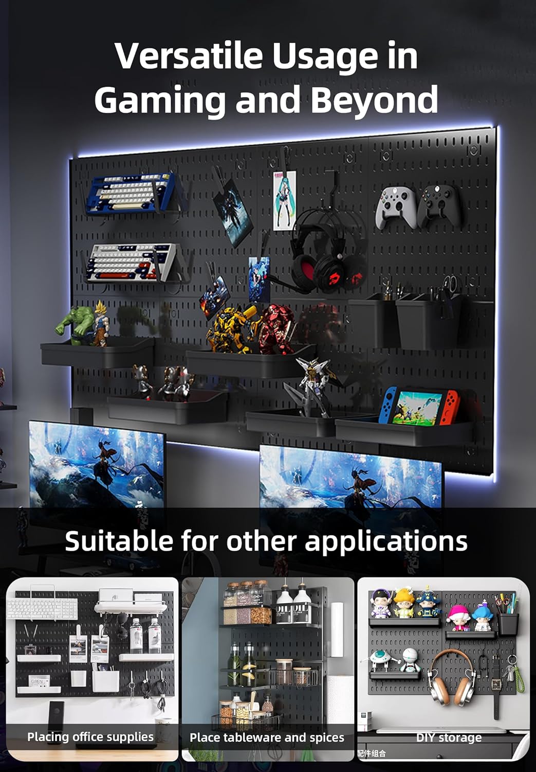 CARLA HOME Pegboard Wall Organizer Kit with 4 Modular Black Pegboards & 19 Accessories for Gaming, Office & Craft Storage (Black)