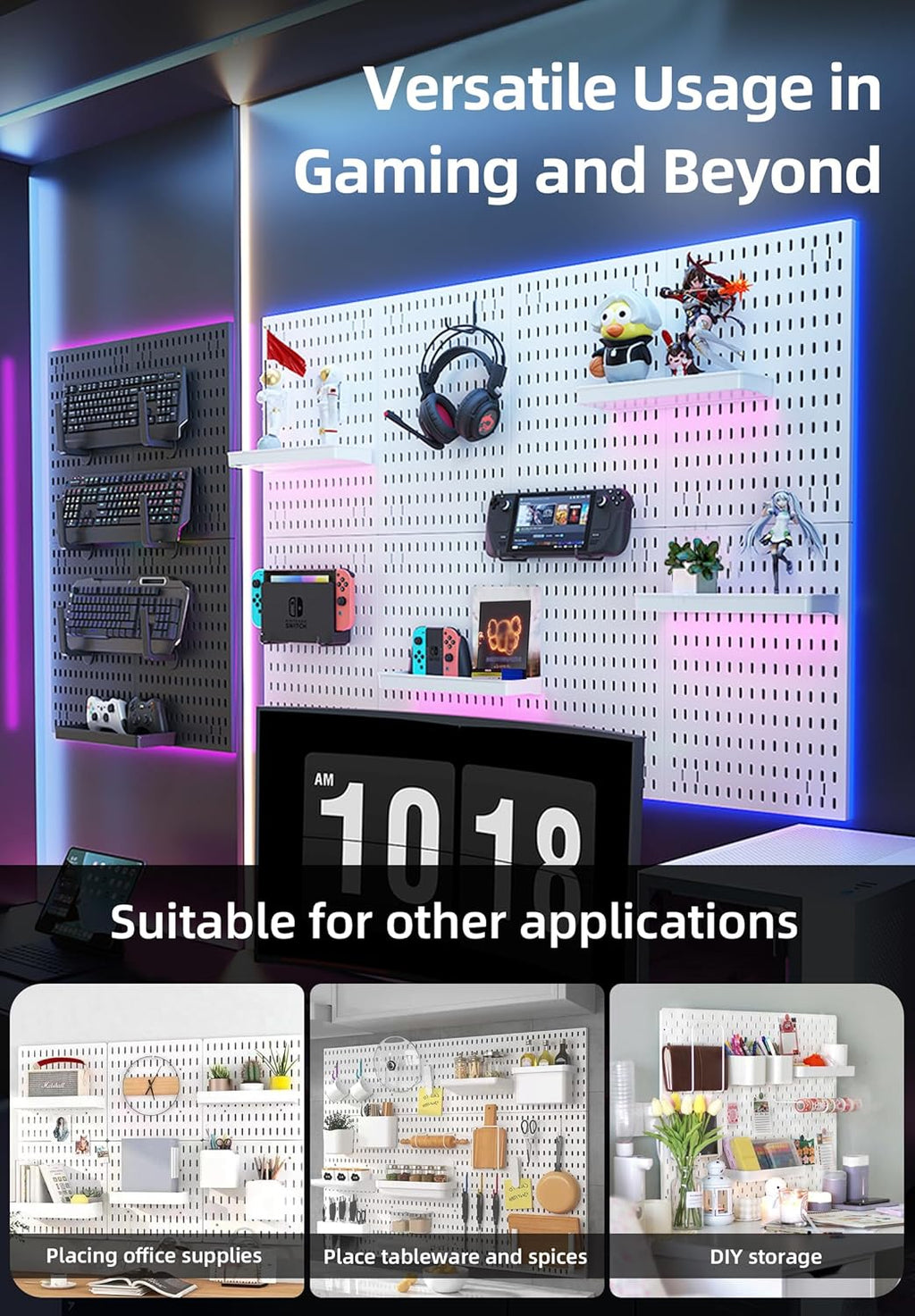 CARLA HOME Pegboard Wall Organizer Kit with 4 Modular Black Pegboards & 19 Accessories for Gaming, Office & Craft Storage (White)