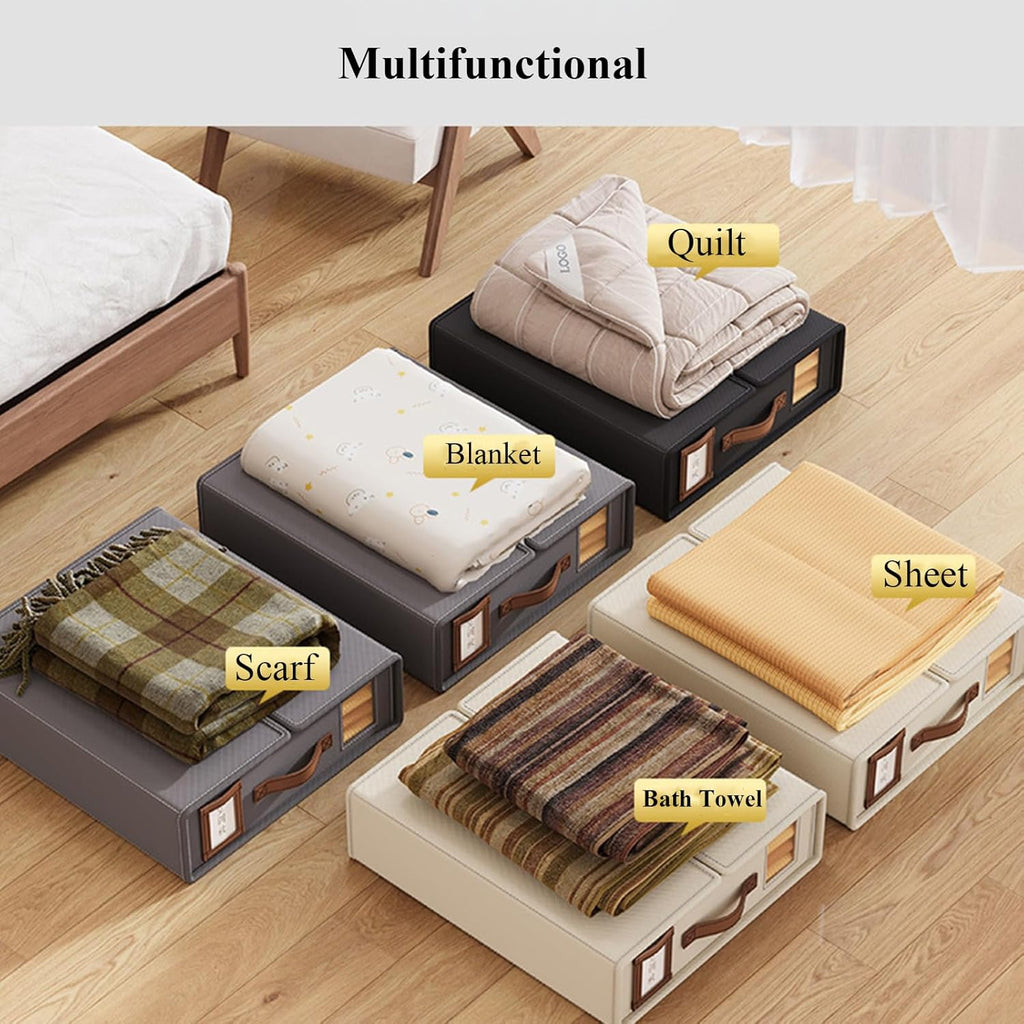 CARLA HOME Bed Sheet Organizer Set of 4 with Handle & Window for Covers, Pillowcases, Blankets, Clothes & Sheets (Black)
