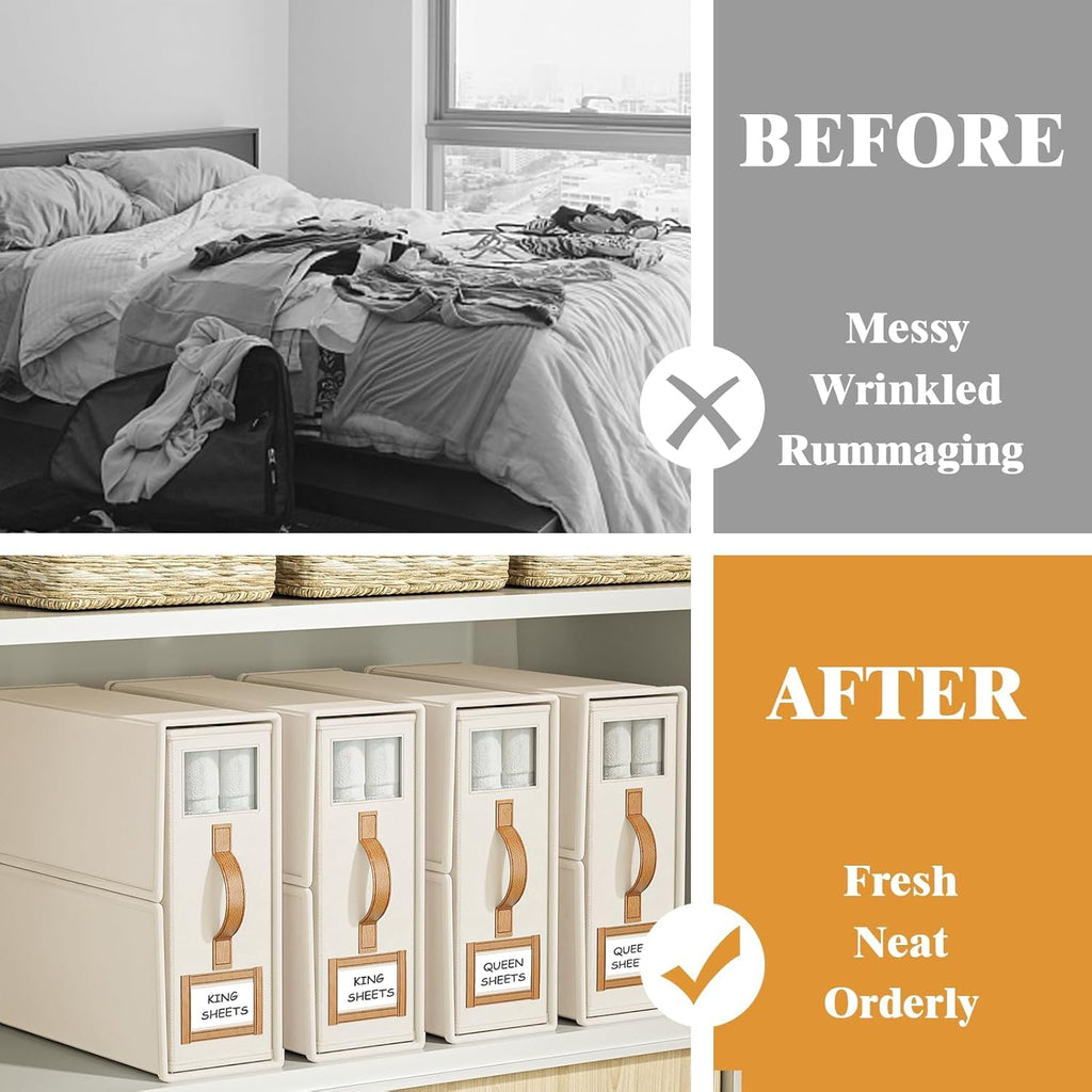 CARLA HOME Bed Sheet Organizer Set of 4 with Handle & Window for Covers, Pillowcases, Blankets, Clothes & Sheets (Beige)