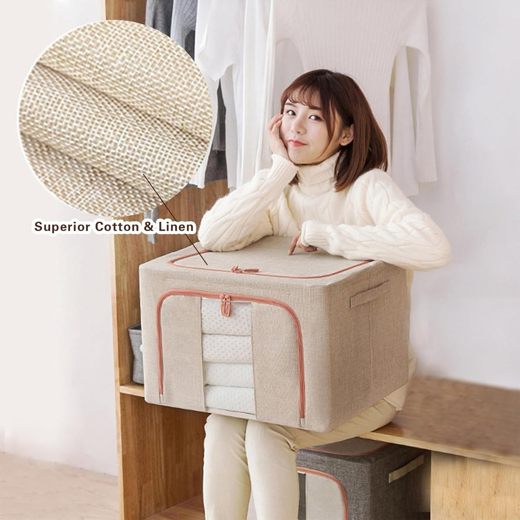 CARLA HOME 3 pack Large Clothes Storage Bins with Lids for Clothing, Bedding, Blankets, Toys (66L capacity - Beige)