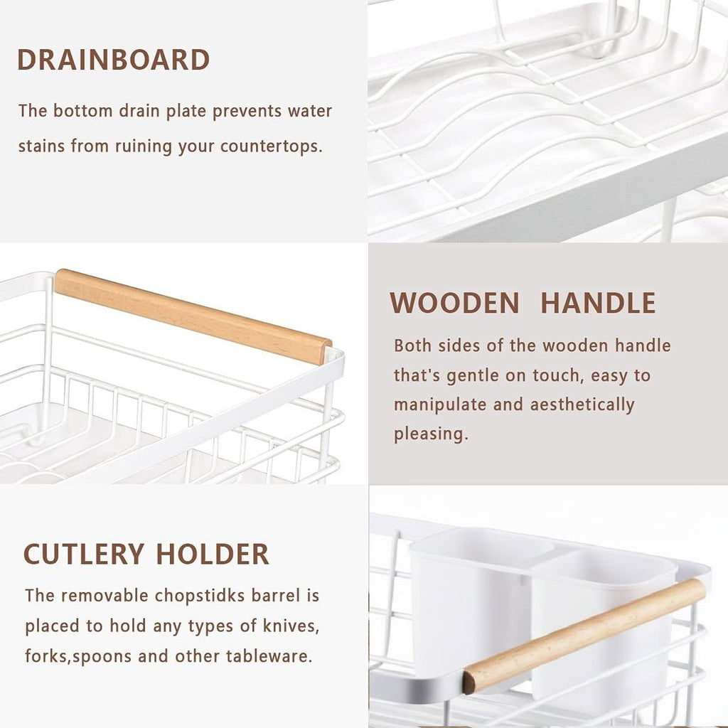 CARLA HOME Dish Drying Rack with Wooden Handles, Removable Cutlery Holder & Drainboard for Kitchen Countertop