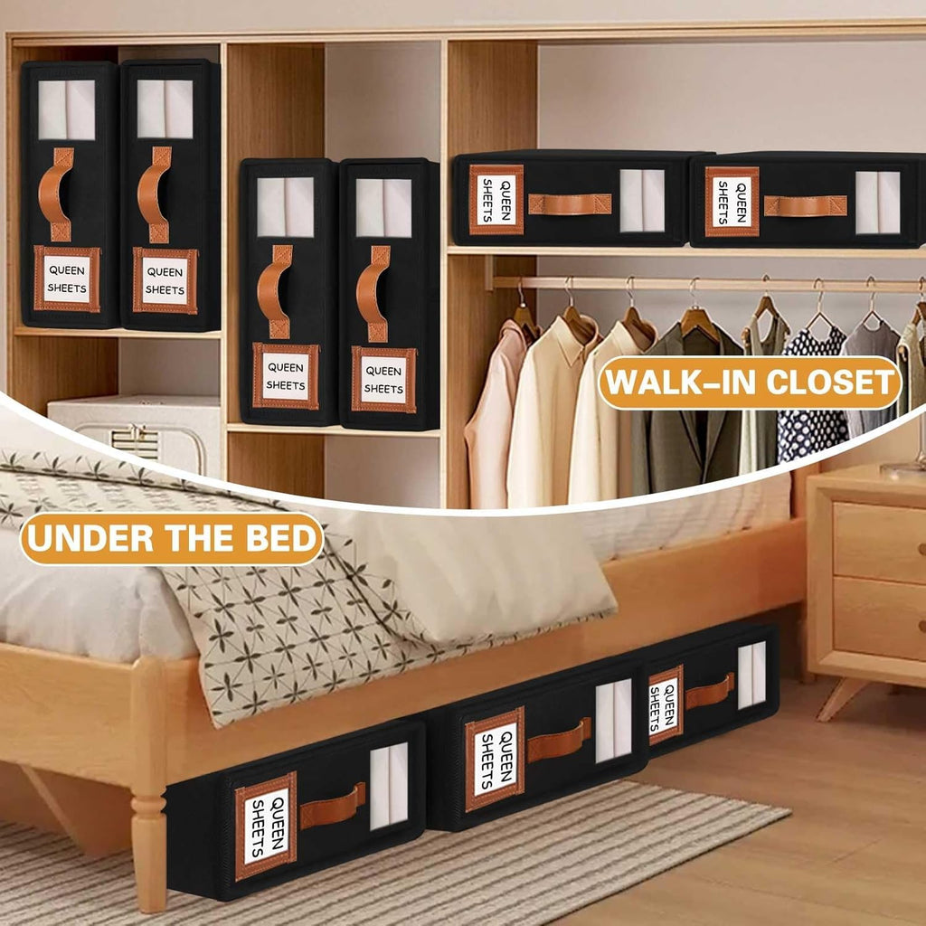 CARLA HOME Bed Sheet Organizer Set of 8 with Handle & Window for Covers, Pillowcases, Blankets, Clothes & Sheets (Black)