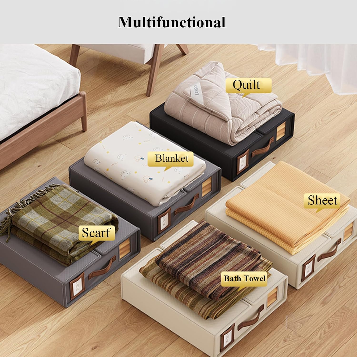 CARLA HOME Bed Sheet Organizer Set of 8 with Handle & Window for Covers, Pillowcases, Blankets, Clothes & Sheets (Beige)