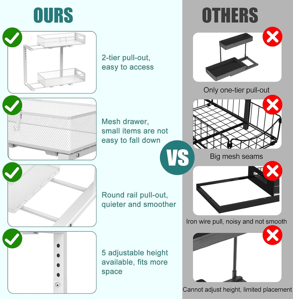CARLA HOME 2 Tier Under Sink Organizer Pull Out Sliding Cabinet Storage Shelf with Height Adjustable for Kitchen, Bathroom or Laundry Room (White)