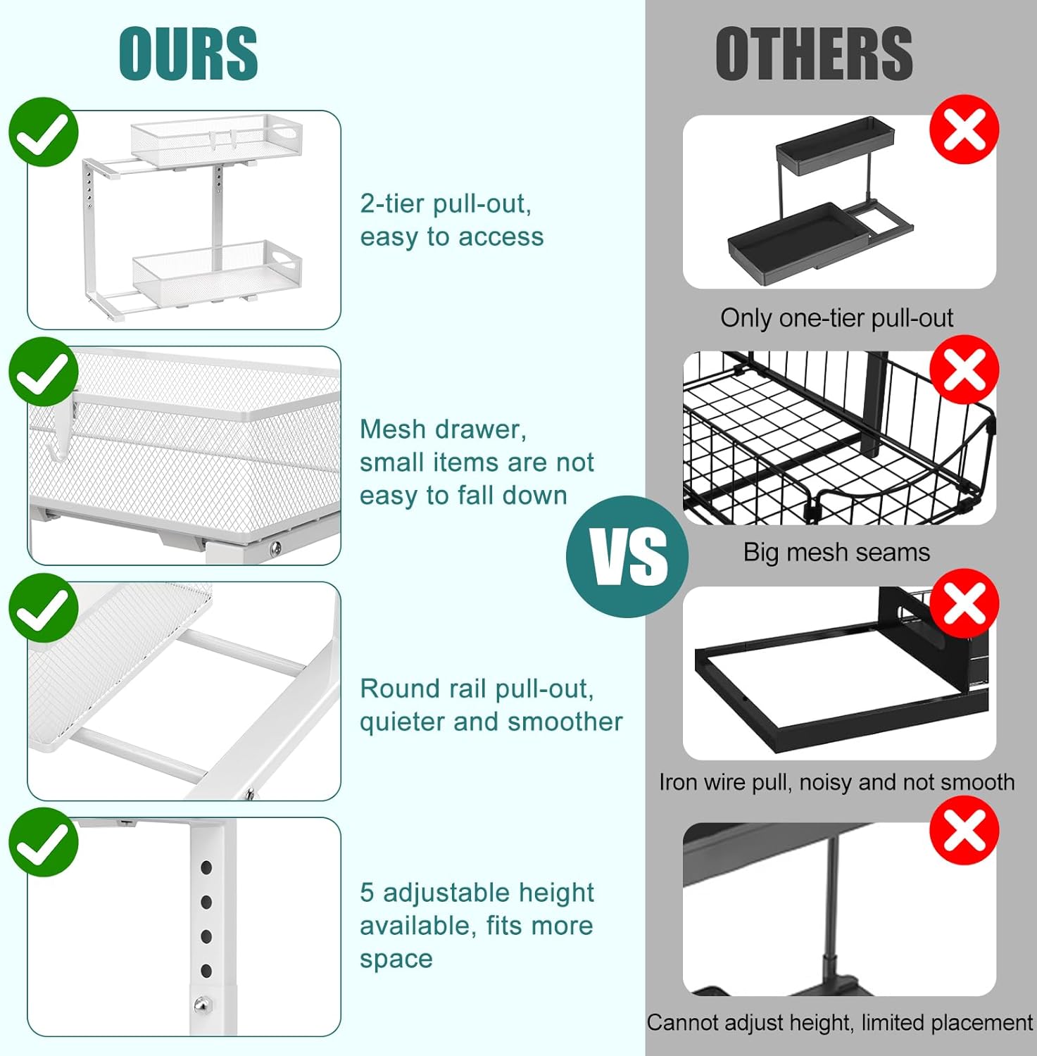 CARLA HOME 2 Tier Under Sink Organizer Pull Out Sliding Cabinet Storage Shelf with Height Adjustable for Kitchen, Bathroom or Laundry Room (White)