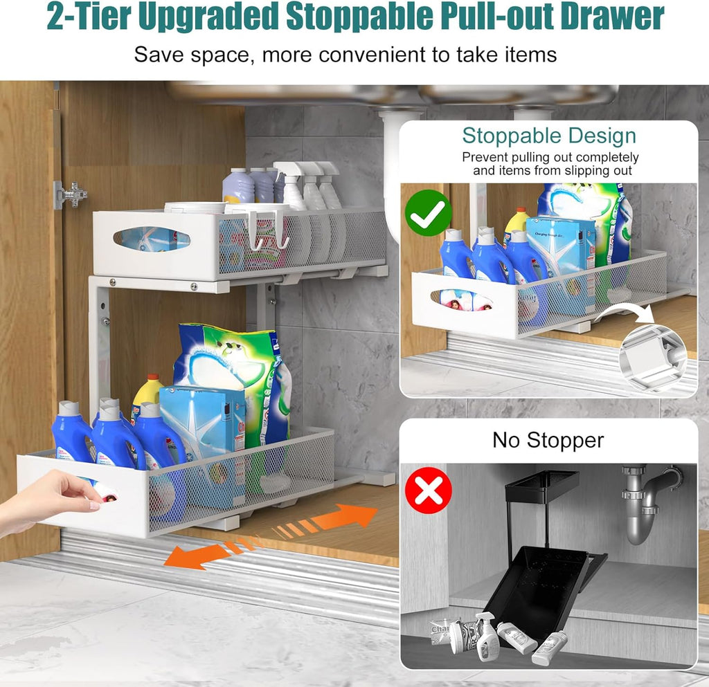 CARLA HOME 2 Pack Under Sink Organizer Pull Out Sliding Cabinet Storage Shelf with Height Adjustable for Kitchen, Bathroom or Laundry Room (White)