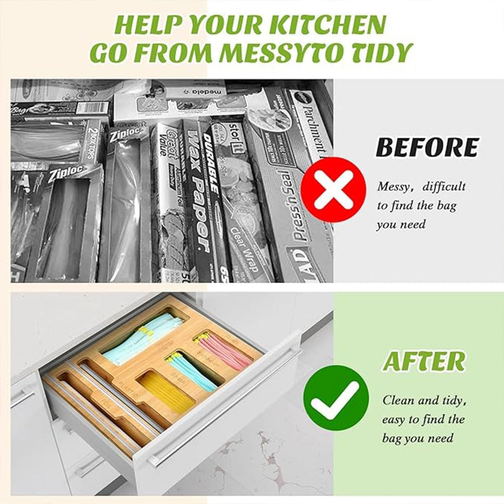 CARLA HOME 6-in-1 Bamboo Kitchen Drawer Organizer with Ziplock Bag Storage, Wrap Dispenser, Cutter for Gallon, Quart, Sandwich, Snack, Foil & Plastic Wrap