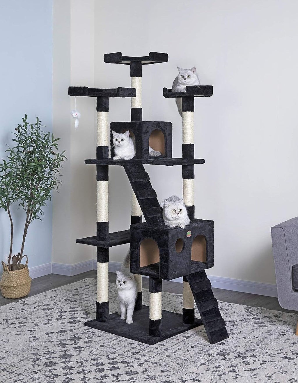 CARLA HOME 180cm Cat Tree Tower for Indoor Cats with Dual Condos, Plush Perches, Sisal Scratching Posts & Ramps for Kittens & Adult Cats (Black)