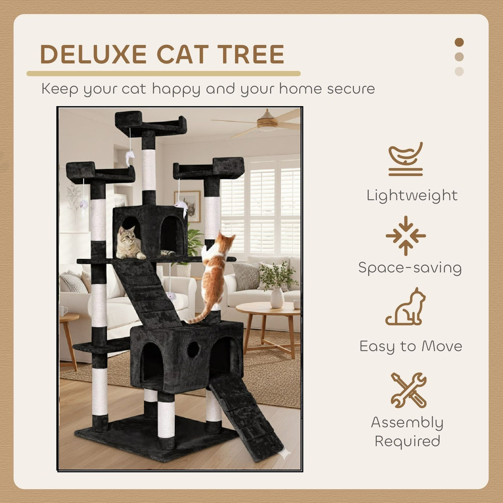 CARLA HOME 180cm Cat Tree Tower for Indoor Cats with Dual Condos, Plush Perches, Sisal Scratching Posts & Ramps for Kittens & Adult Cats (Black)