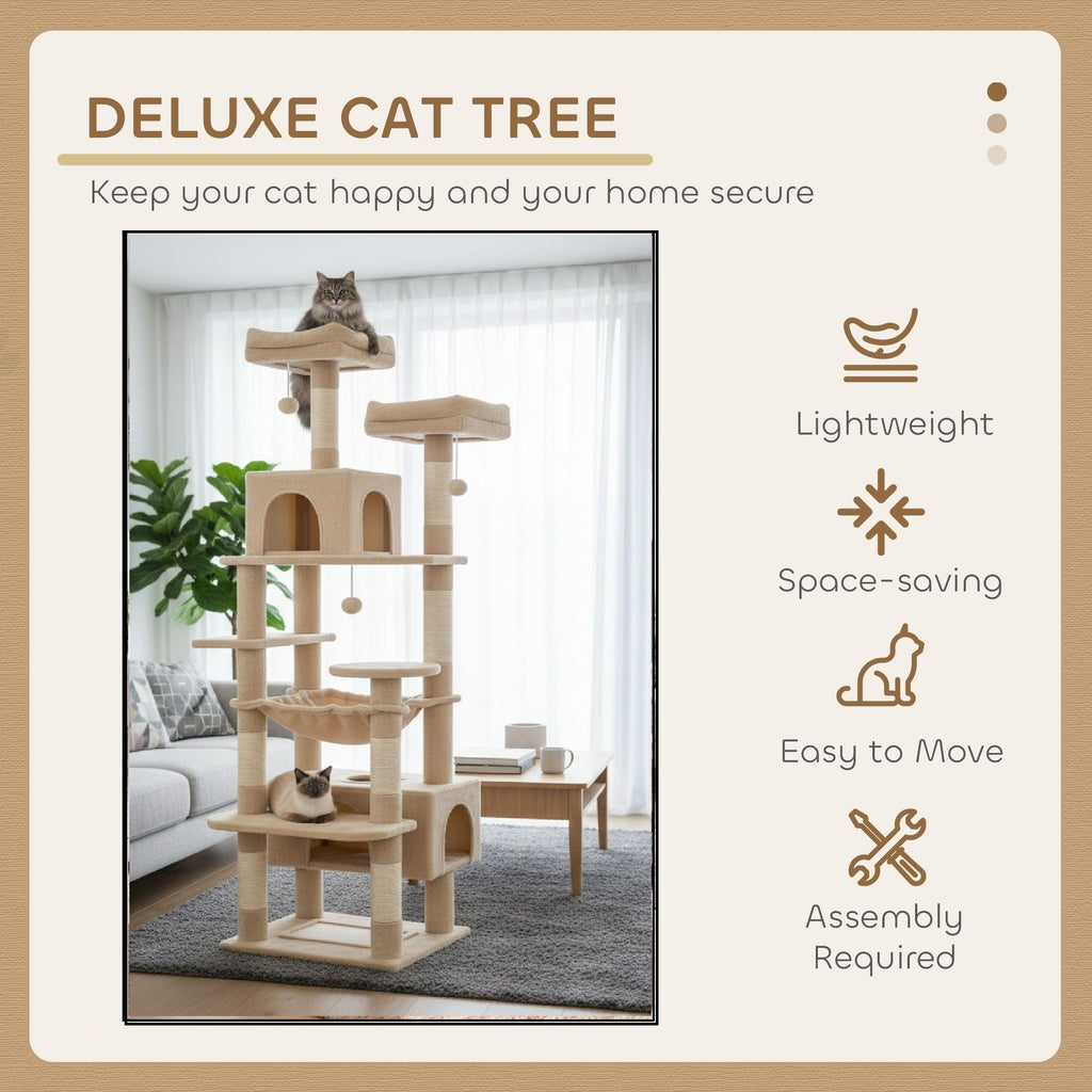 CARLA HOME 180cm Cat Tree Tower for Indoor Cats with Plush Perches, Dual Condos, Natural Sisal Scratching Posts & Ramps for Kittens & Adult Cats (Beige)