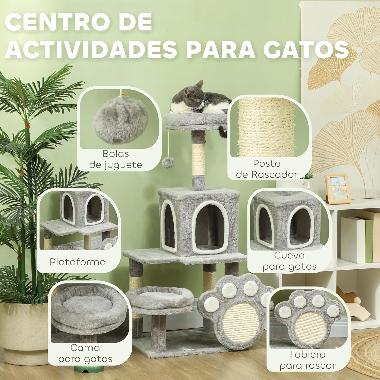 CARLA HOME Large Cat Tree Tower for Indoor Cats with Plush Perch, Cat Condo, Natural Sisal Scratching Posts, Hanging Ball & Paw Scratcher
