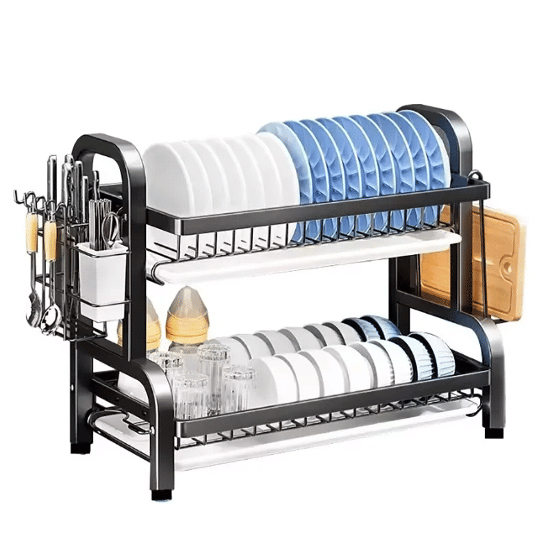 Compact 2-Tier Dish Drying Rack with Drainboard