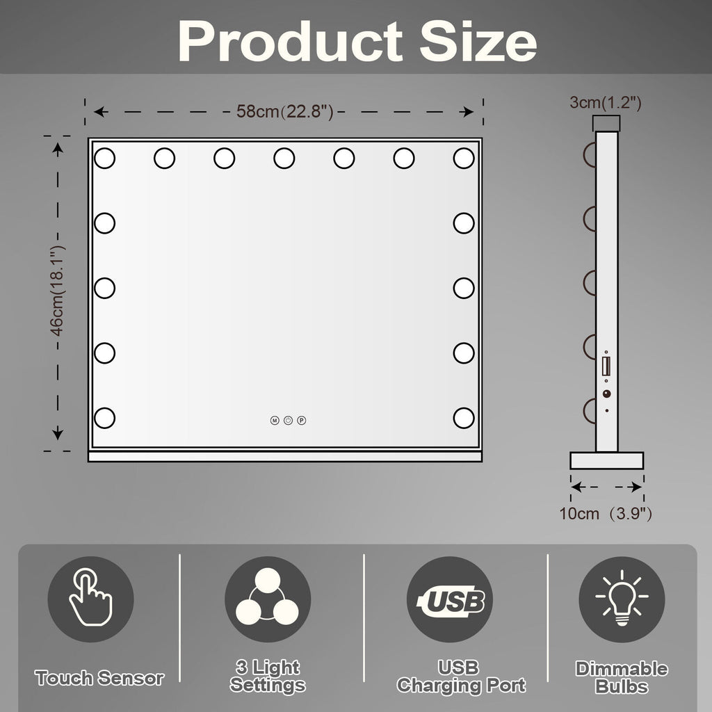 Hollywood LED Vanity Mirror Rectangle White Silver Wall Mirror